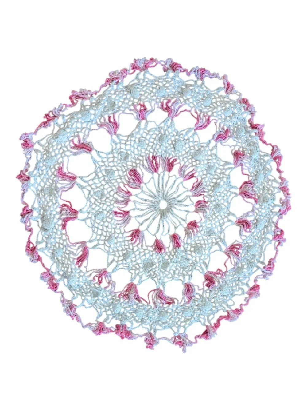 Handmade Crochet Round Doily - Pink & White